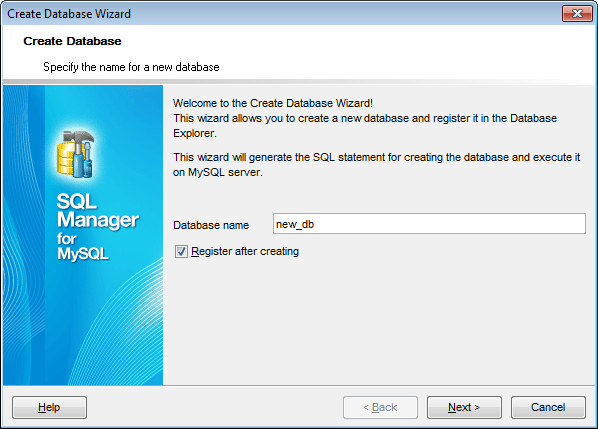 Create Database Wizard - Setting database name