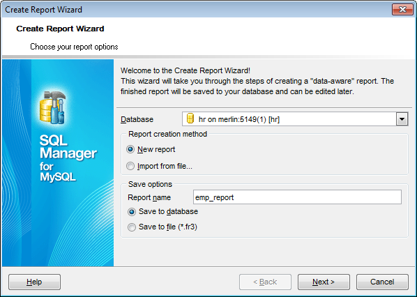 Create Report - Specifying database name and report options