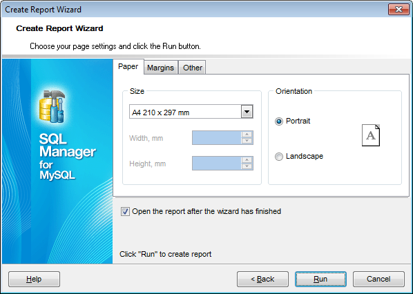 Create Report - Specifying paper settings