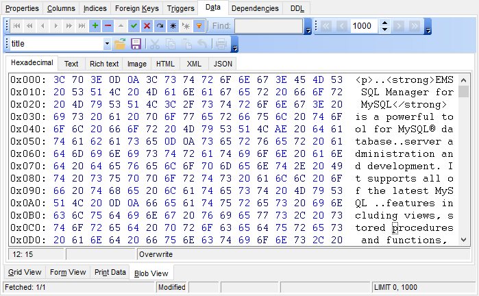 Data View - BLOB View - Hexadecimal