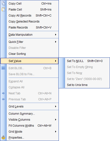 Data View - Grid View - Using the context menu