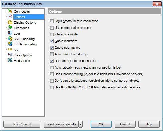 Database Registration Info - Setting common database options