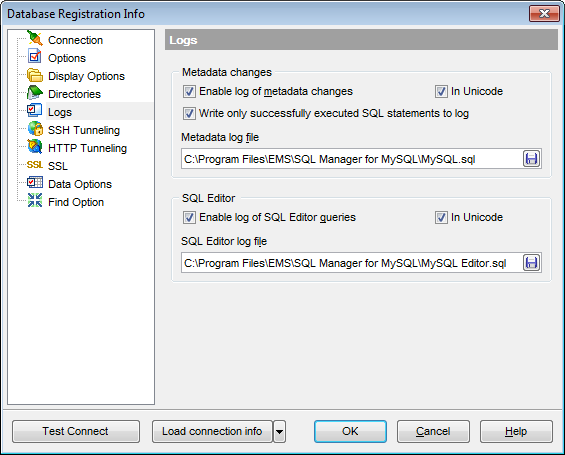 Database Registration Info - Setting log options