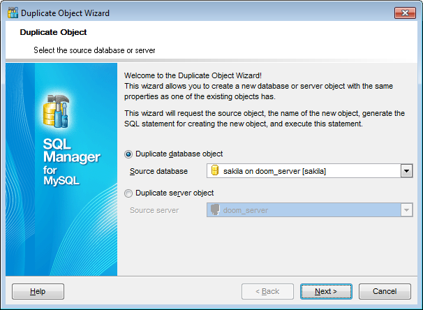 Duplicate Object Wizard - Selecting the source database