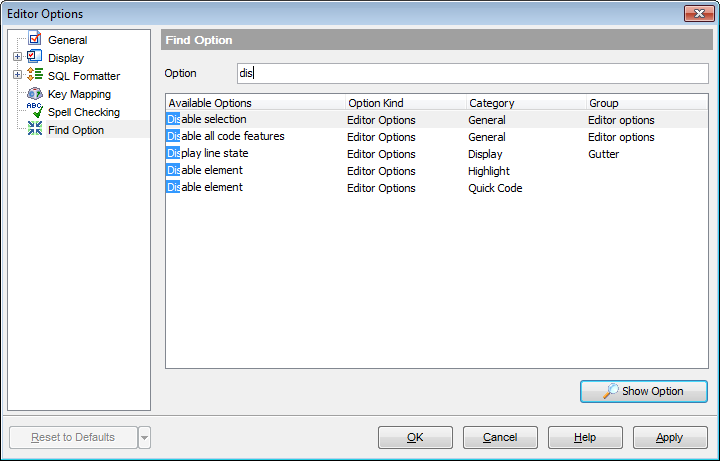Editor Options - Find Option