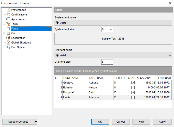 Environment Options - Fonts