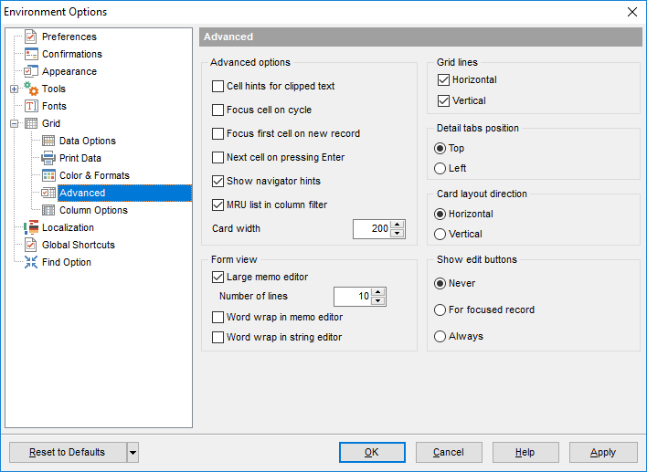 Environment Options - Grid - Advanced