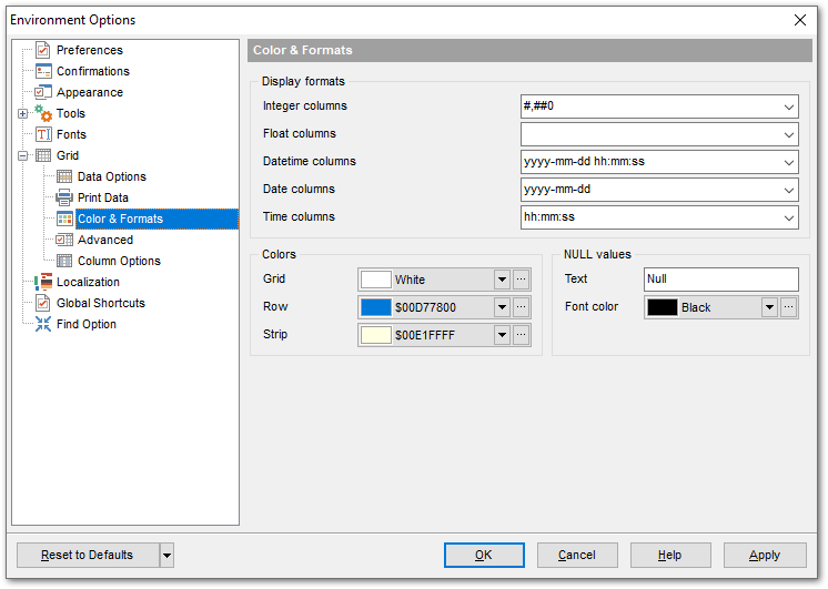 Environment Options - Grid - Color & Formats