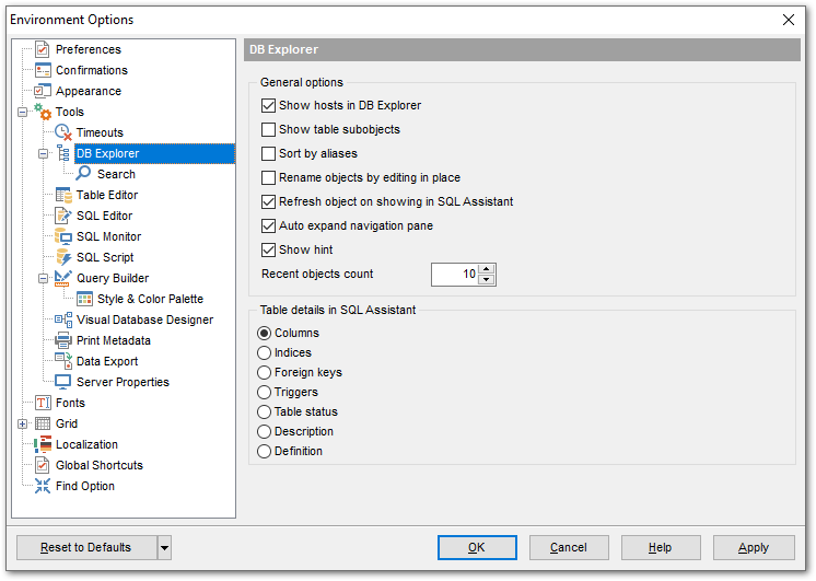 Environment Options - Tools - DB Explorer