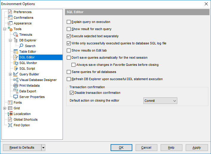 Environment Options - Tools - SQL Editor
