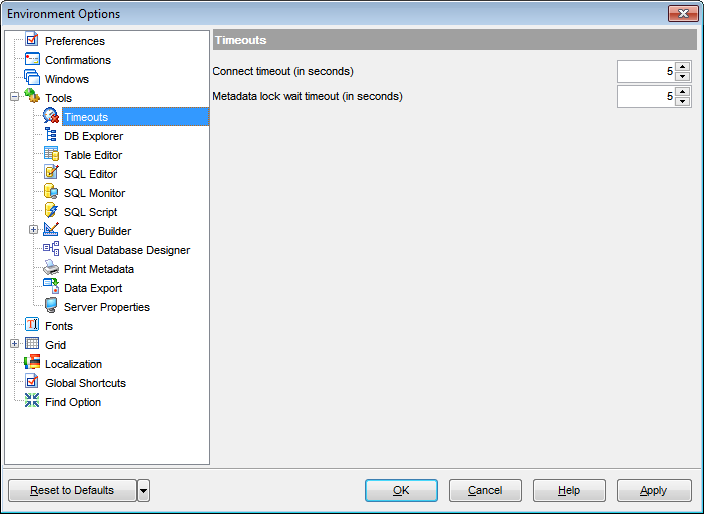 Environment Options - Tools - Timeouts