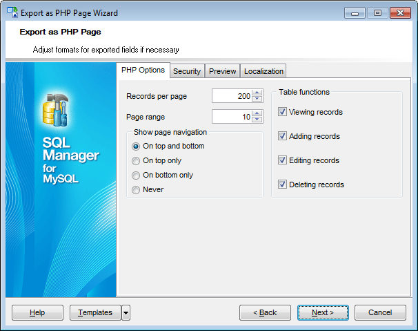 Export as php page - Adjust formats - PHP