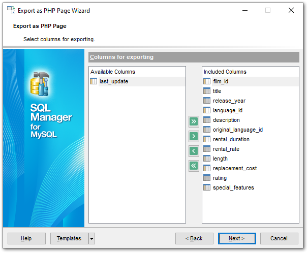 Export as php page - Select fields for exporting