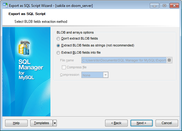 Export as SQL Script - Setting BLOB options