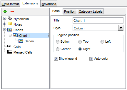 Export Data - Format-specific options - Excel - Extensions - Charts - Base