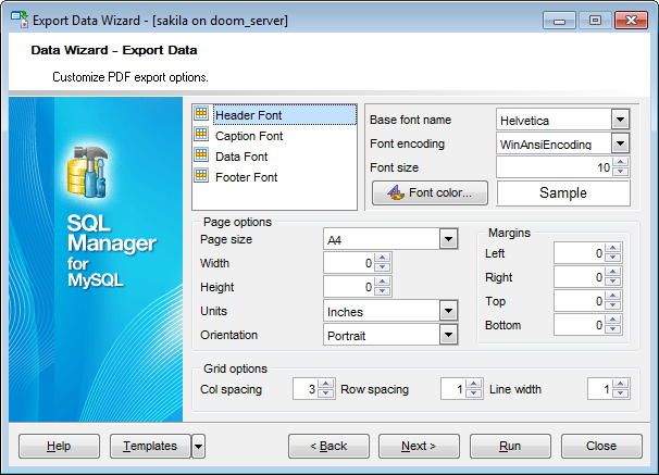 Export Data - Format-specific options - PDF