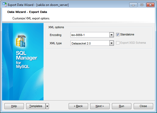 Export Data - Format-specific options - XML