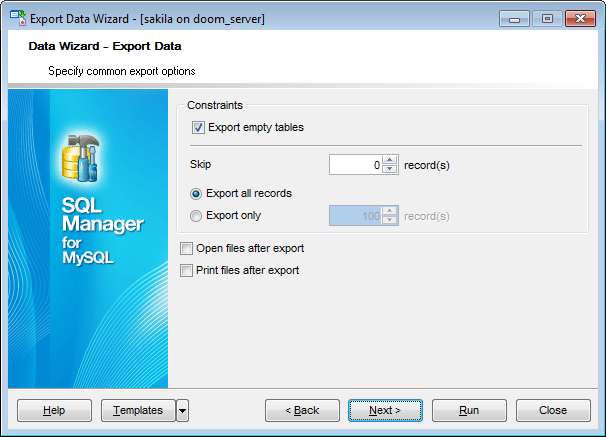 Export Data - Setting common export options