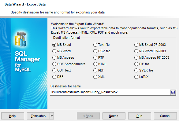 Export Data - Setting destination file name and format