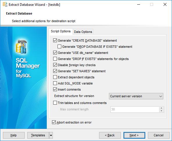 Extract Database - Customizing script options