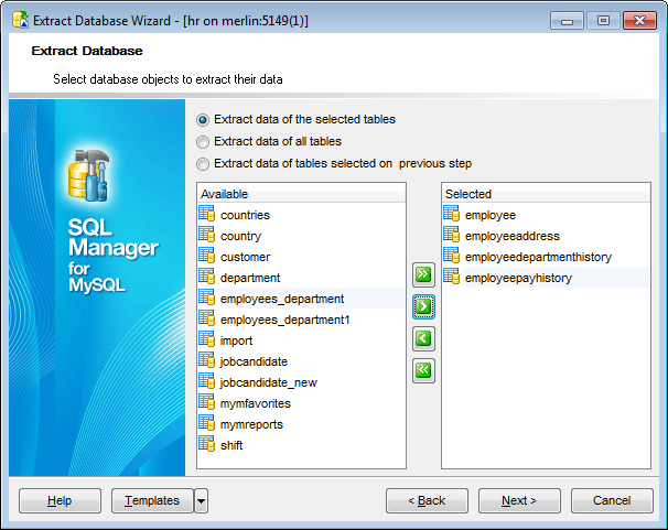 Extract Database - Selecting objects for data extraction