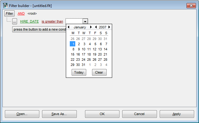 Filter Builder dialog - Setting filter criteria values