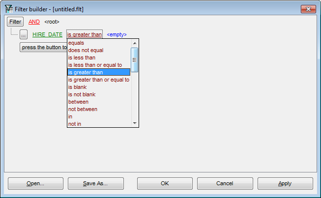 Filter Builder dialog - Setting filter operator