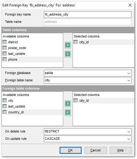 Foreign Key Editor - Editing foreign key definition