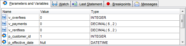 Function debugger - Debug info - Parameters and variables