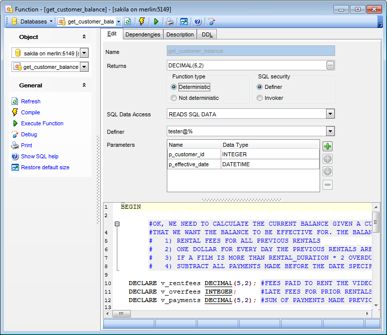 Function Editor - Editing function definition