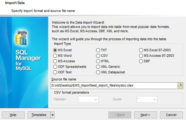 Import Data - Selecting source file name and format