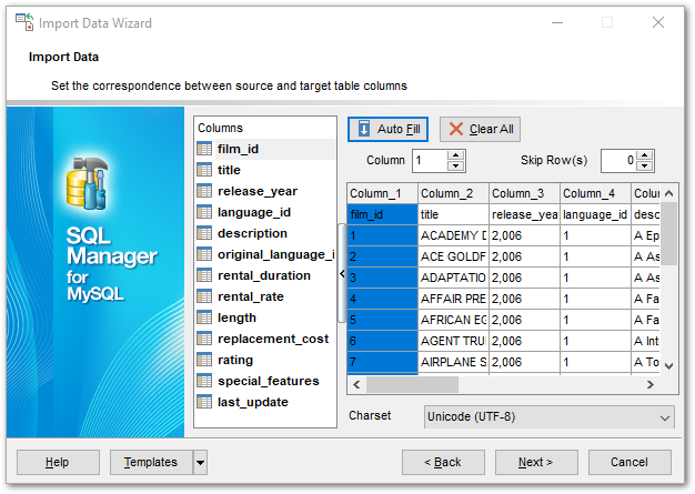 Import Data - Setting fields correspondence - CSV