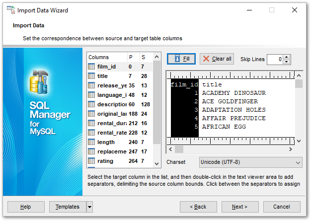 Import Data - Setting fields correspondence - TXT