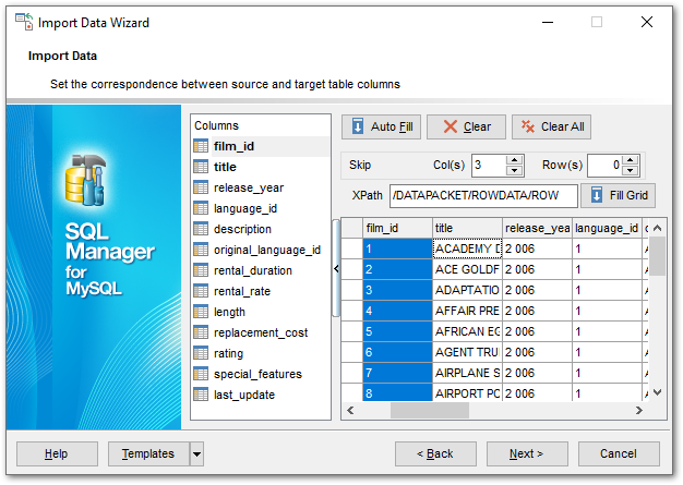 Import Data - Setting fields correspondence - XML Document