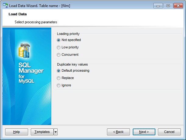 Load Data Wizard - Selecting processing parameters