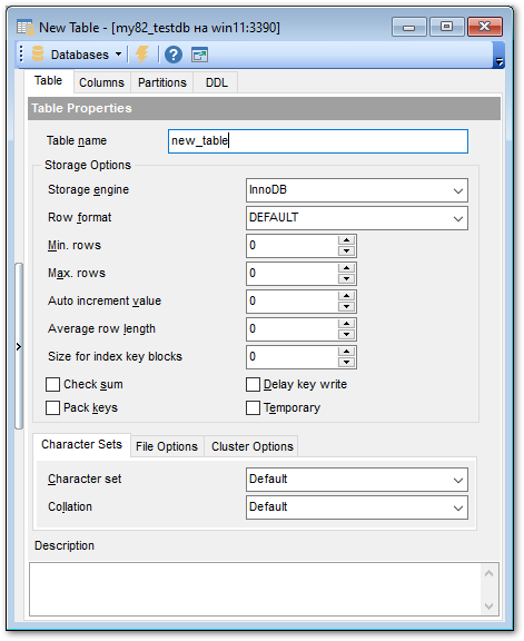 New Table - Setting table properties