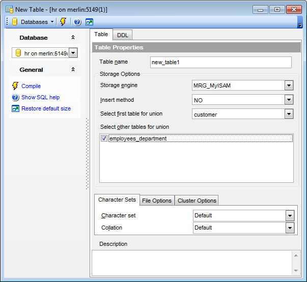 New Table - Setting table properties_mrg_myisam