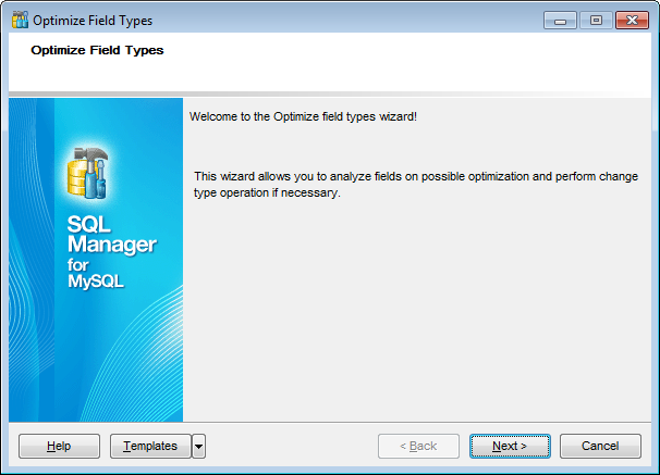 Optimize field types wizard - Welcome