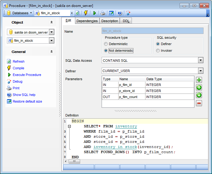 Procedure Editor - Editing procedure definition