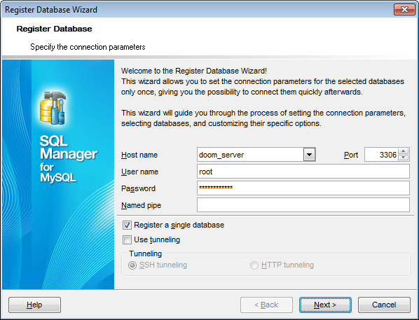 Register Database wizard - Setting connection parameters