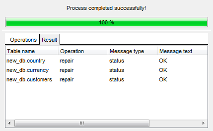 Repair Tables - Viewing routine results - Result