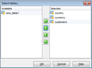 Restore Tables - Inputting table names - Select tables