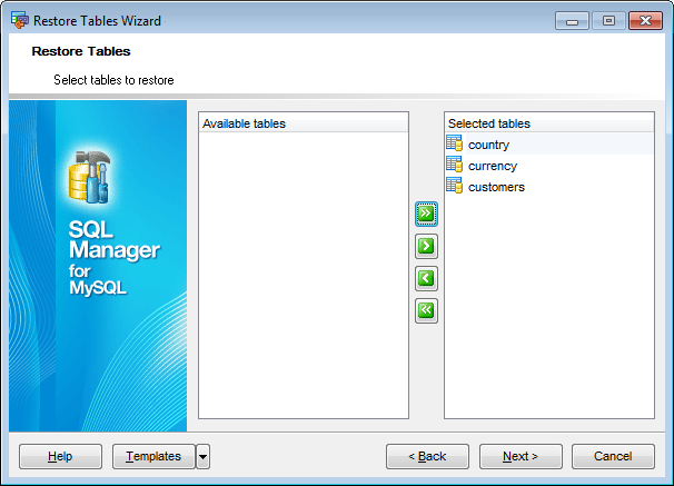 Restore Tables - Selecting tables