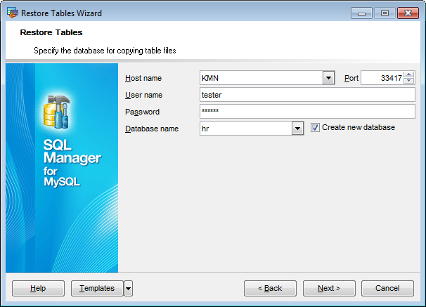 Restore Tables - Specify target database