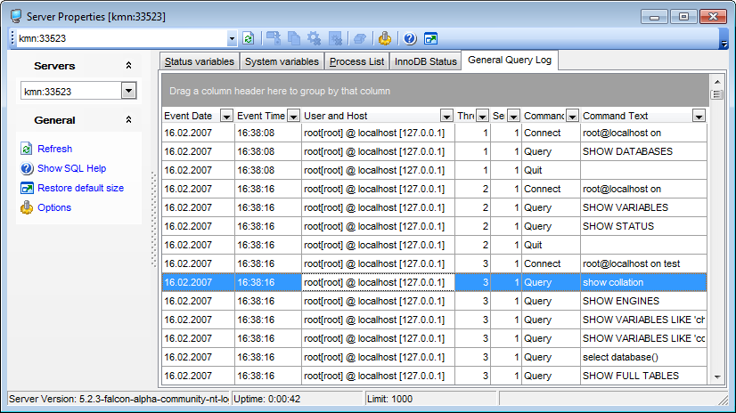 Show variables. Ems SQL Manager для MYSQL. Ems SQL query. Show SQL query. Viewing all properties with the gridfolio app.