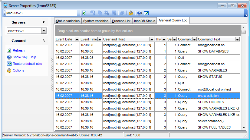 Server Properties - Viewing general query log