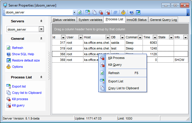 Server Properties - Viewing process list