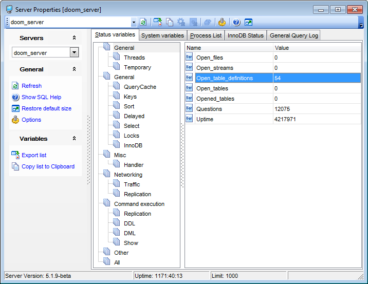 Server Properties - Viewing status variables