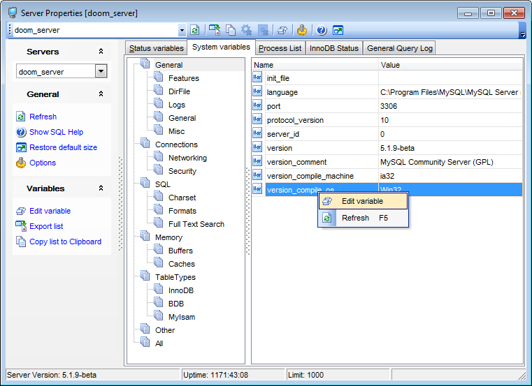 Server Properties - Viewing system variables