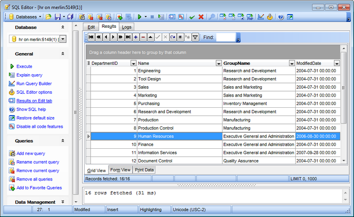 SQL Editor - Viewing results